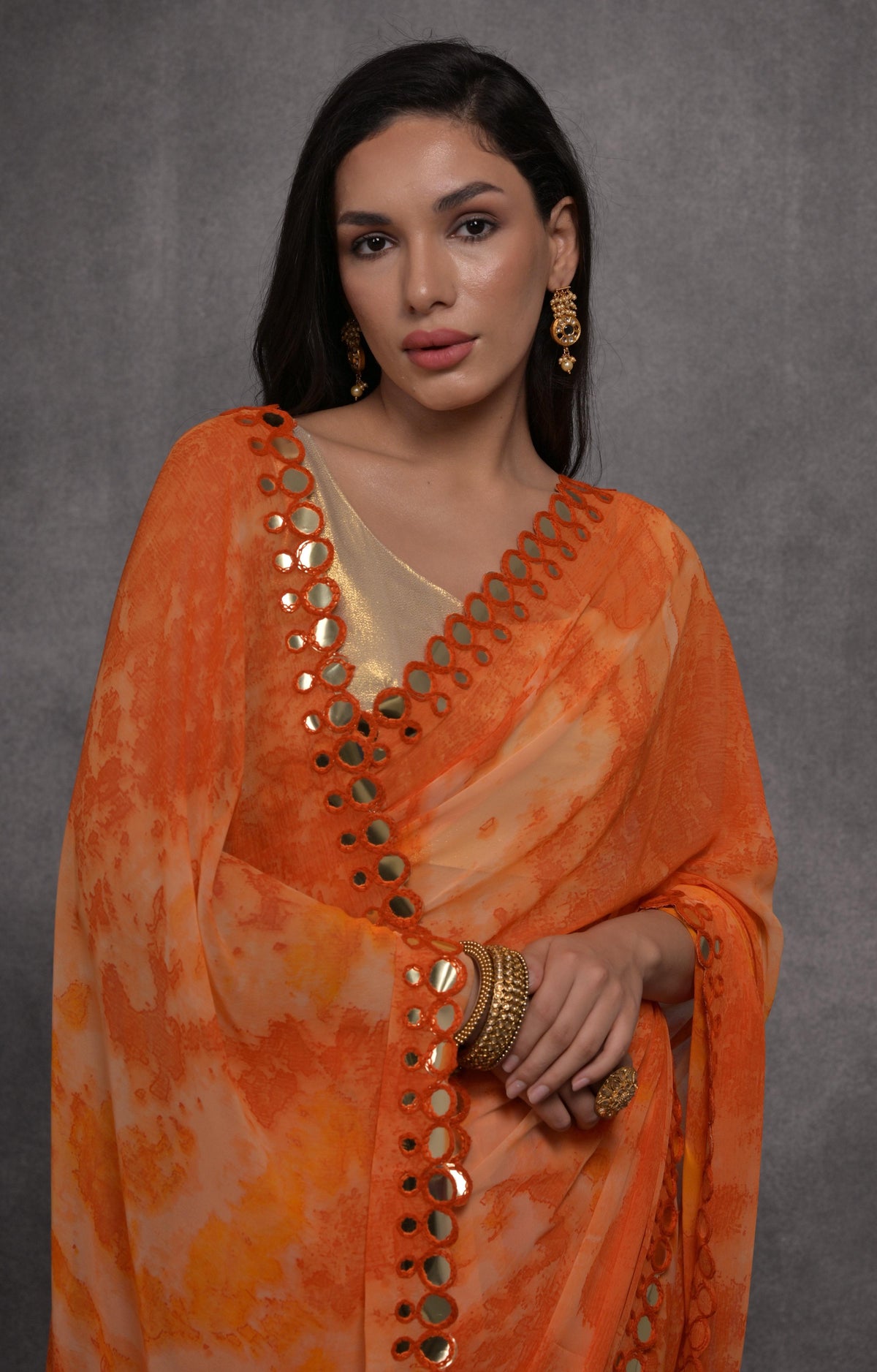 Jyoti Fashion Women's Orange Chiffon Print with Mirror Work Designer Saree with Blouse | Grocsy