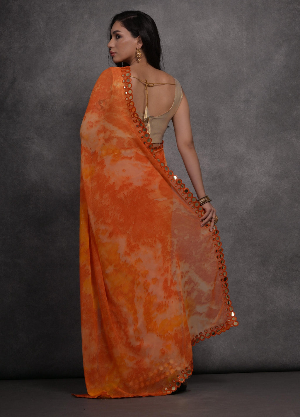 Jyoti Fashion Women's Orange Chiffon Print with Mirror Work Designer Saree with Blouse | Grocsy