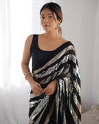 Jyoti Fashion Women's Black Georgette Sequins Designer Saree with Blouse | Grocsy