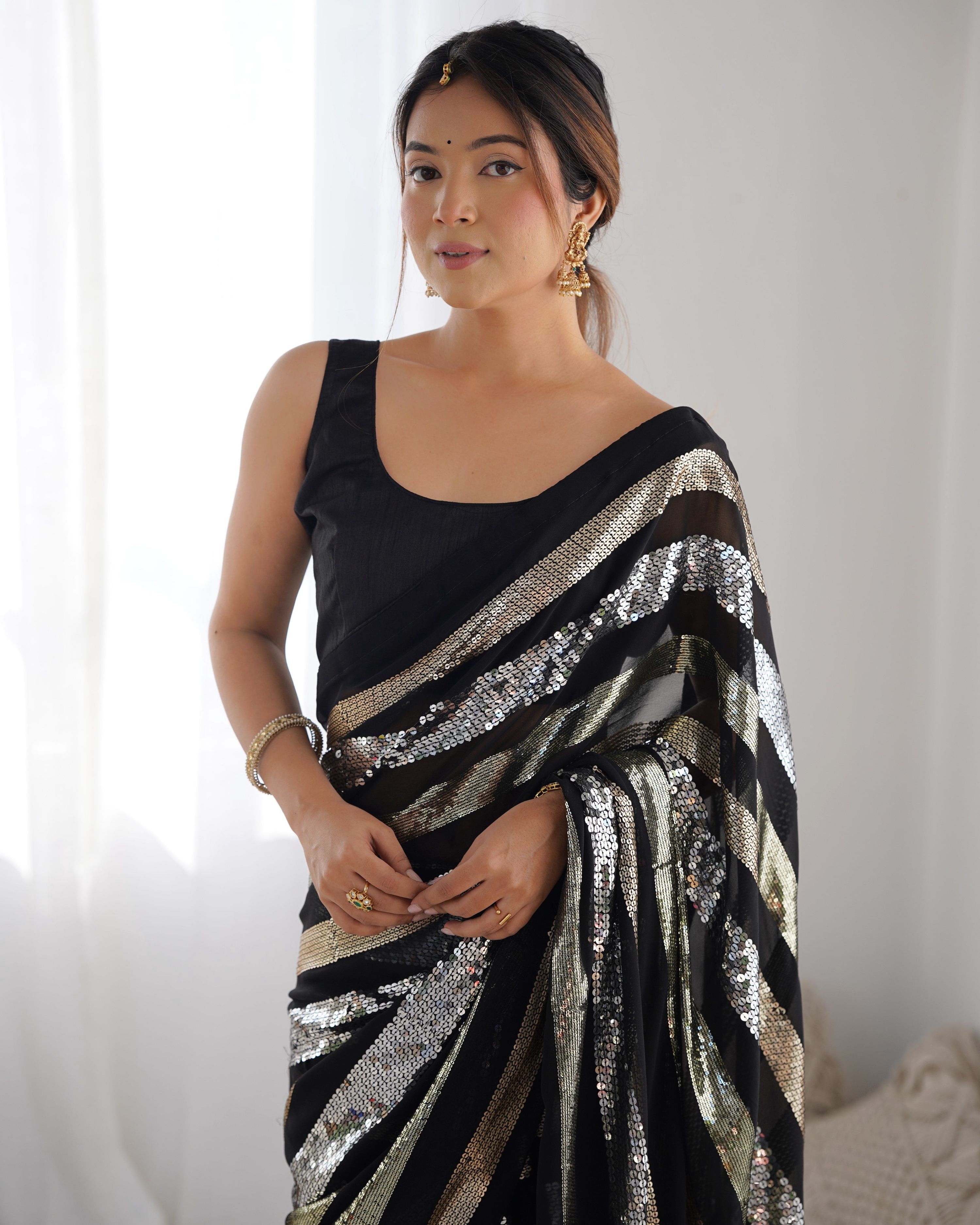 Jyoti Fashion Women's Black Georgette Sequins Designer Saree with Blouse | Grocsy