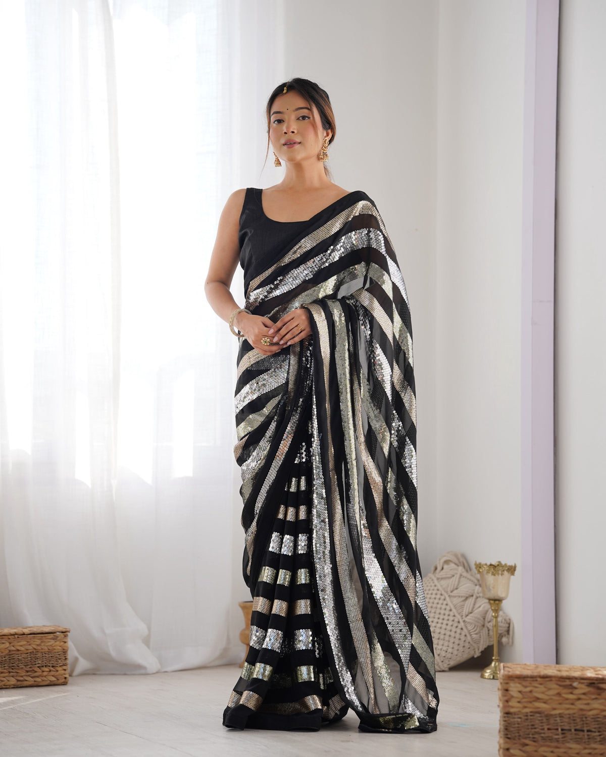Jyoti Fashion Women's Black Georgette Sequins Designer Saree with Blouse | Grocsy