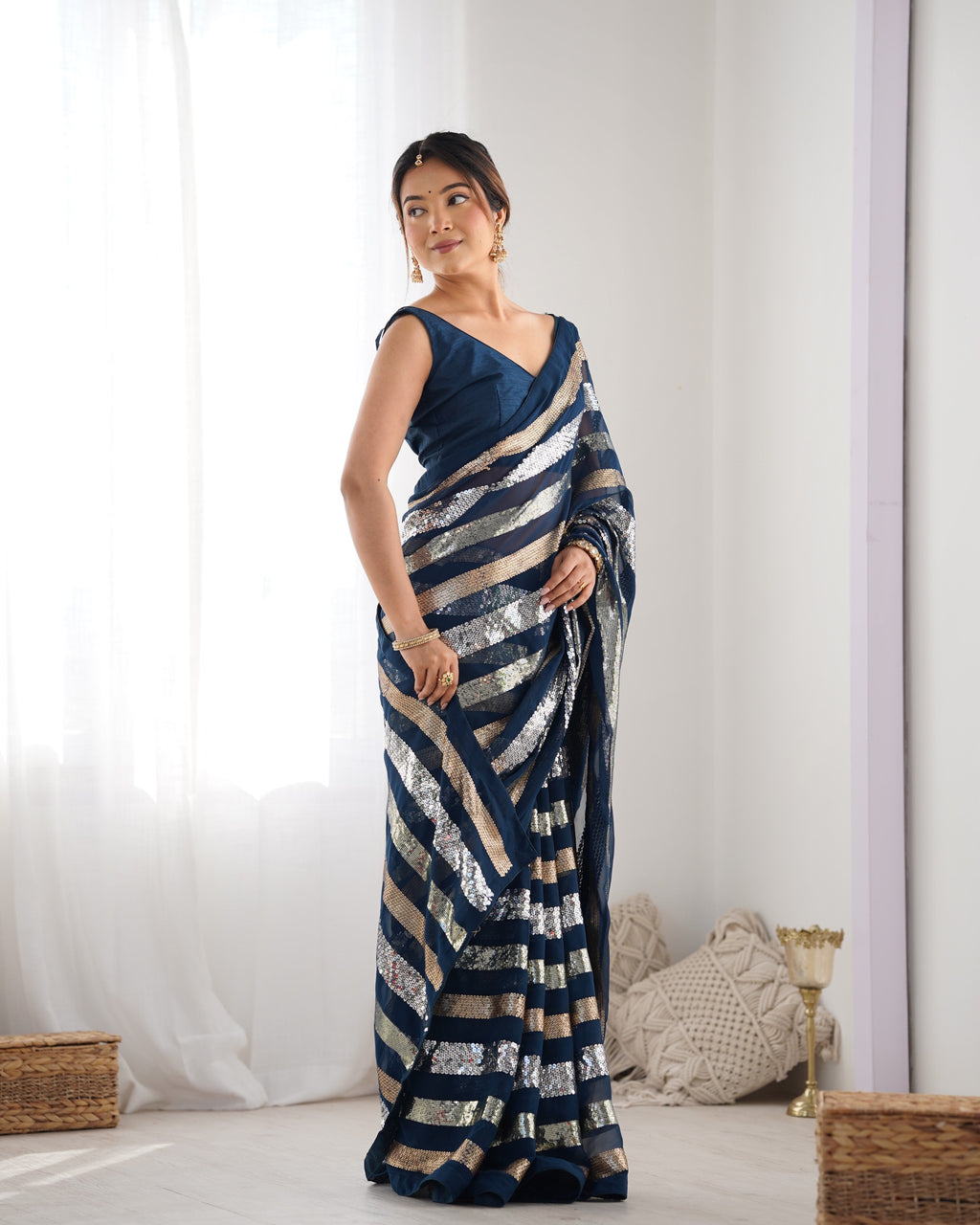 Jyoti Fashion Women's Teal Georgette Sequins Designer Saree with Blouse | Grocsy