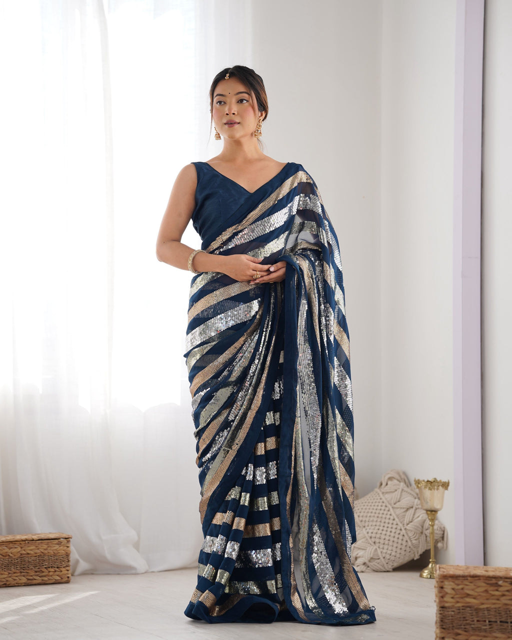 Jyoti Fashion Women's Teal Georgette Sequins Designer Saree with Blouse | Grocsy
