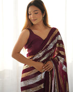 Jyoti Fashion Women's Wine Georgette Sequins Designer Saree with Blouse | Grocsy