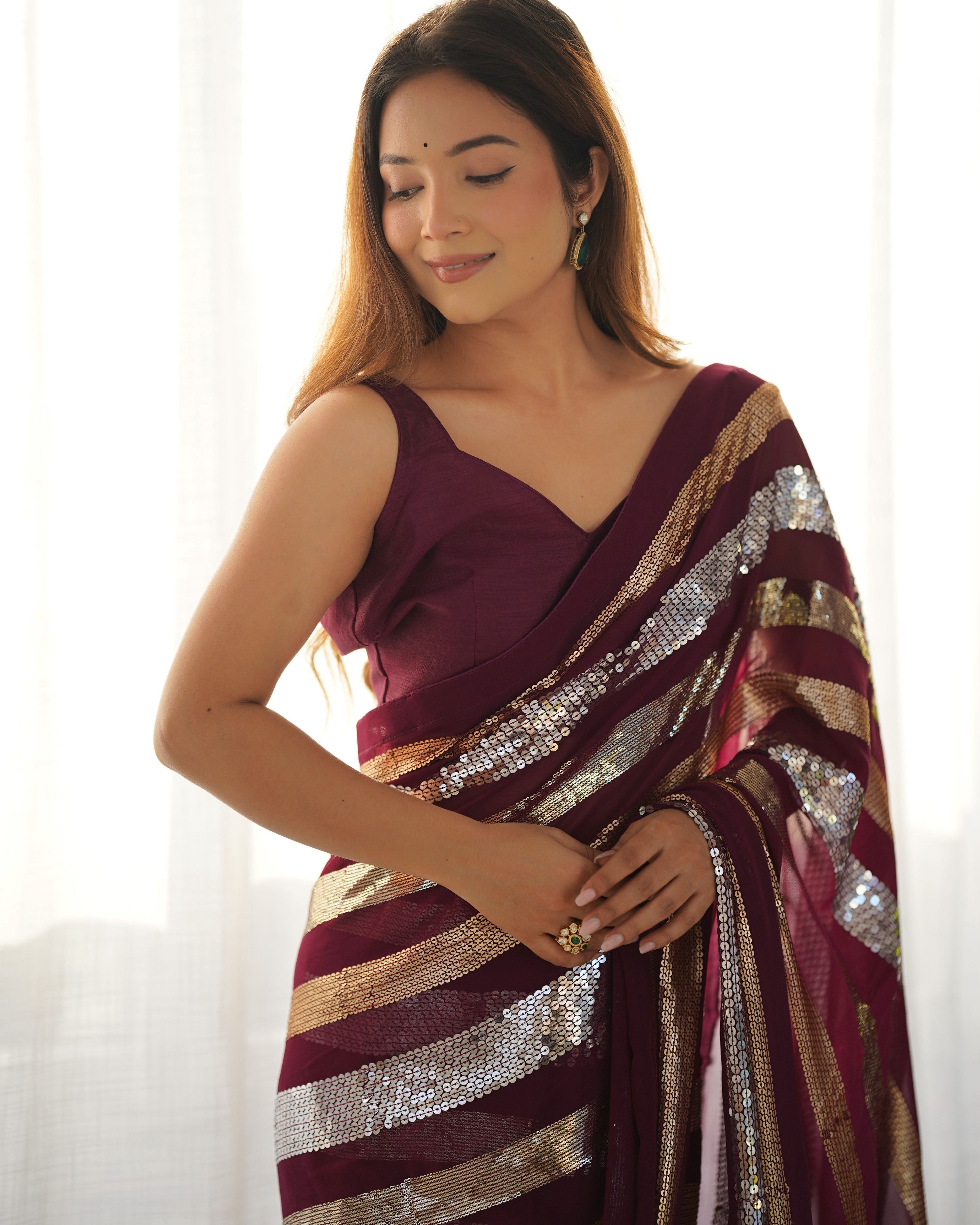 Jyoti Fashion Women's Wine Georgette Sequins Designer Saree with Blouse | Grocsy