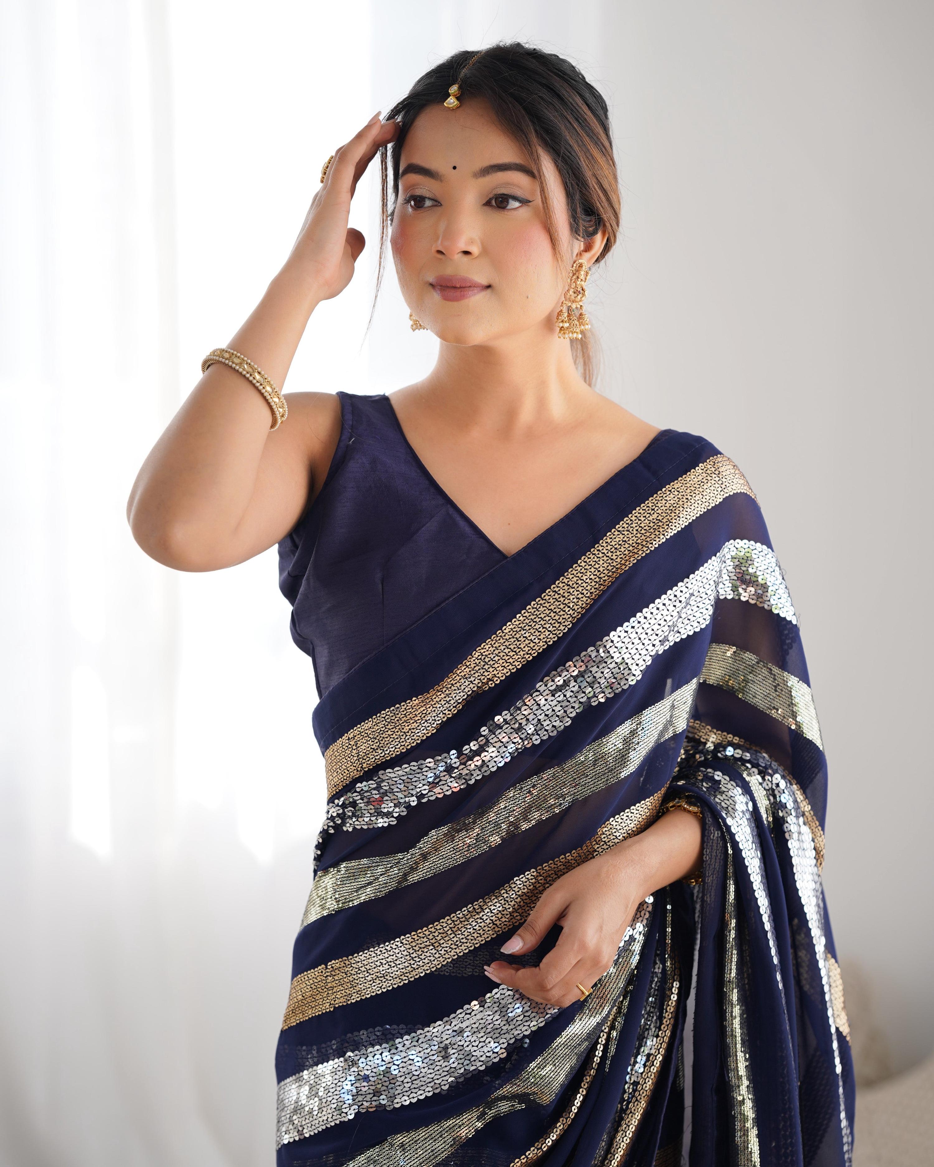 Jyoti Fashion Women's Navy Blue Georgette Sequins Designer Saree with Blouse | Grocsy