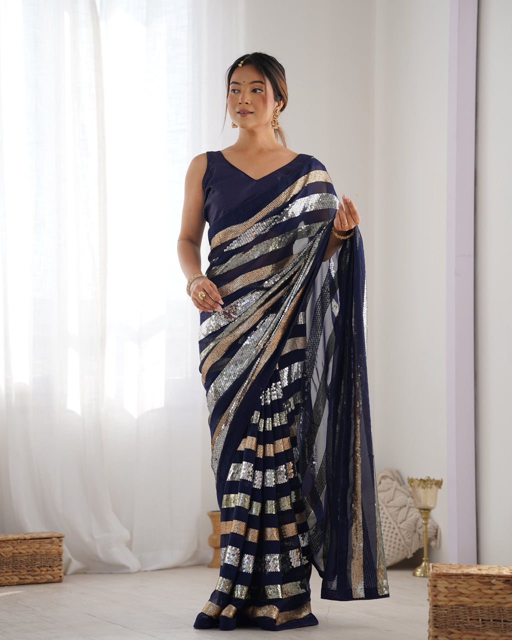 Jyoti Fashion Women's Navy Blue Georgette Sequins Designer Saree with Blouse | Grocsy