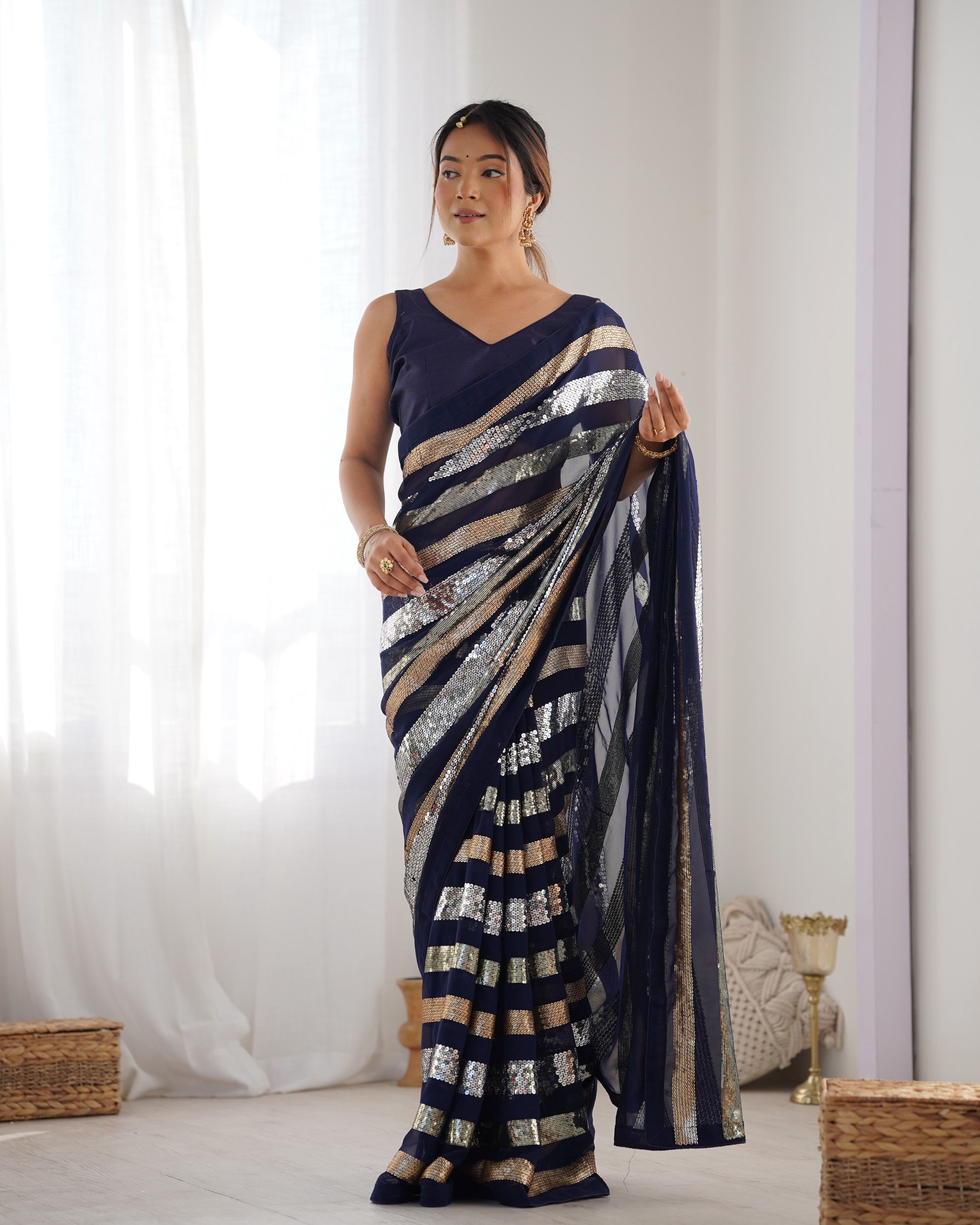 Jyoti Fashion Women's Navy Blue Georgette Sequins Designer Saree with Blouse | Grocsy