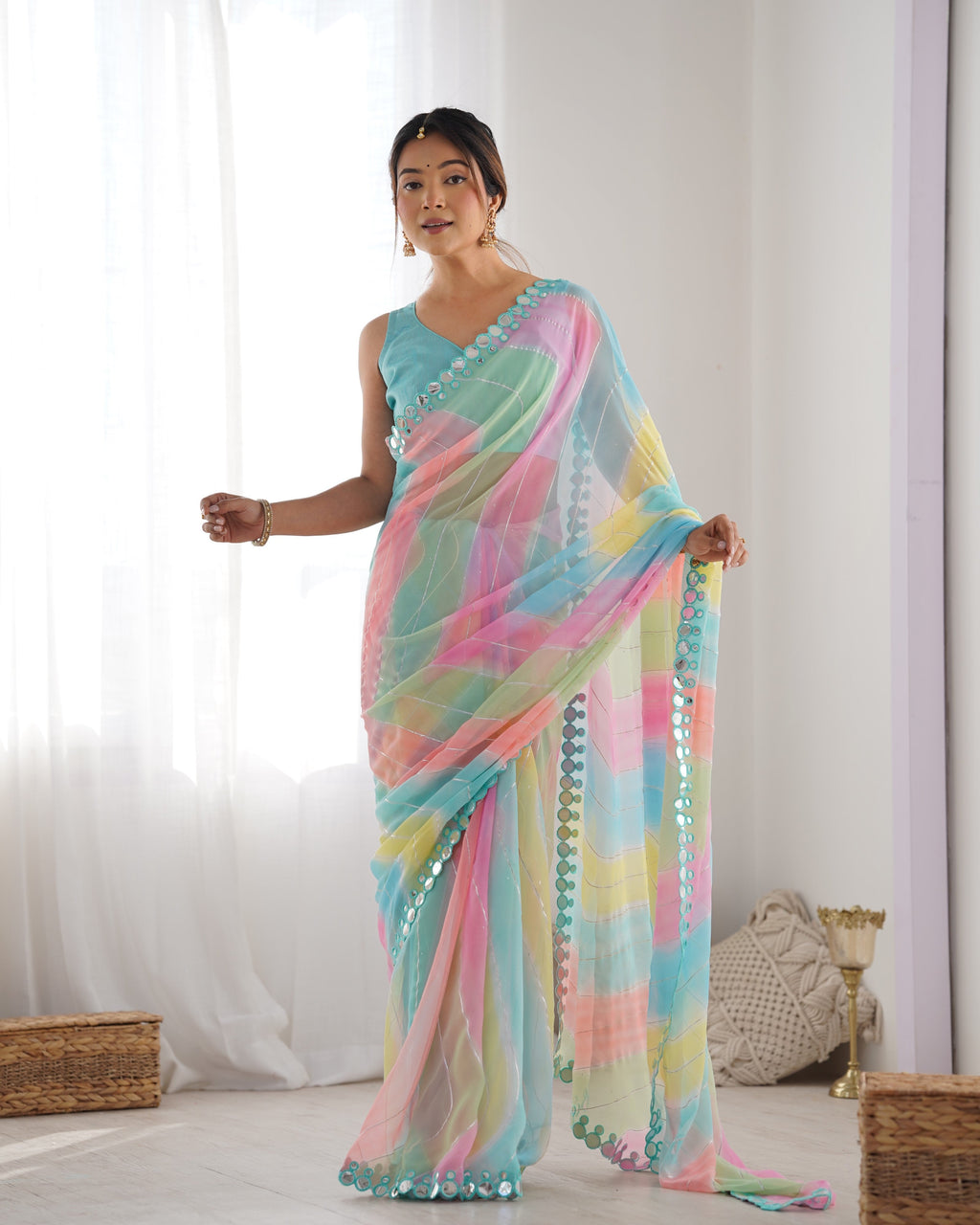 Jyoti Fashion Women's Multicolor Georgette Print with Mirror Work Designer Saree with Blouse | Grocsy