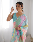 Jyoti Fashion Women's Multicolor Georgette Print with Mirror Work Designer Saree with Blouse | Grocsy