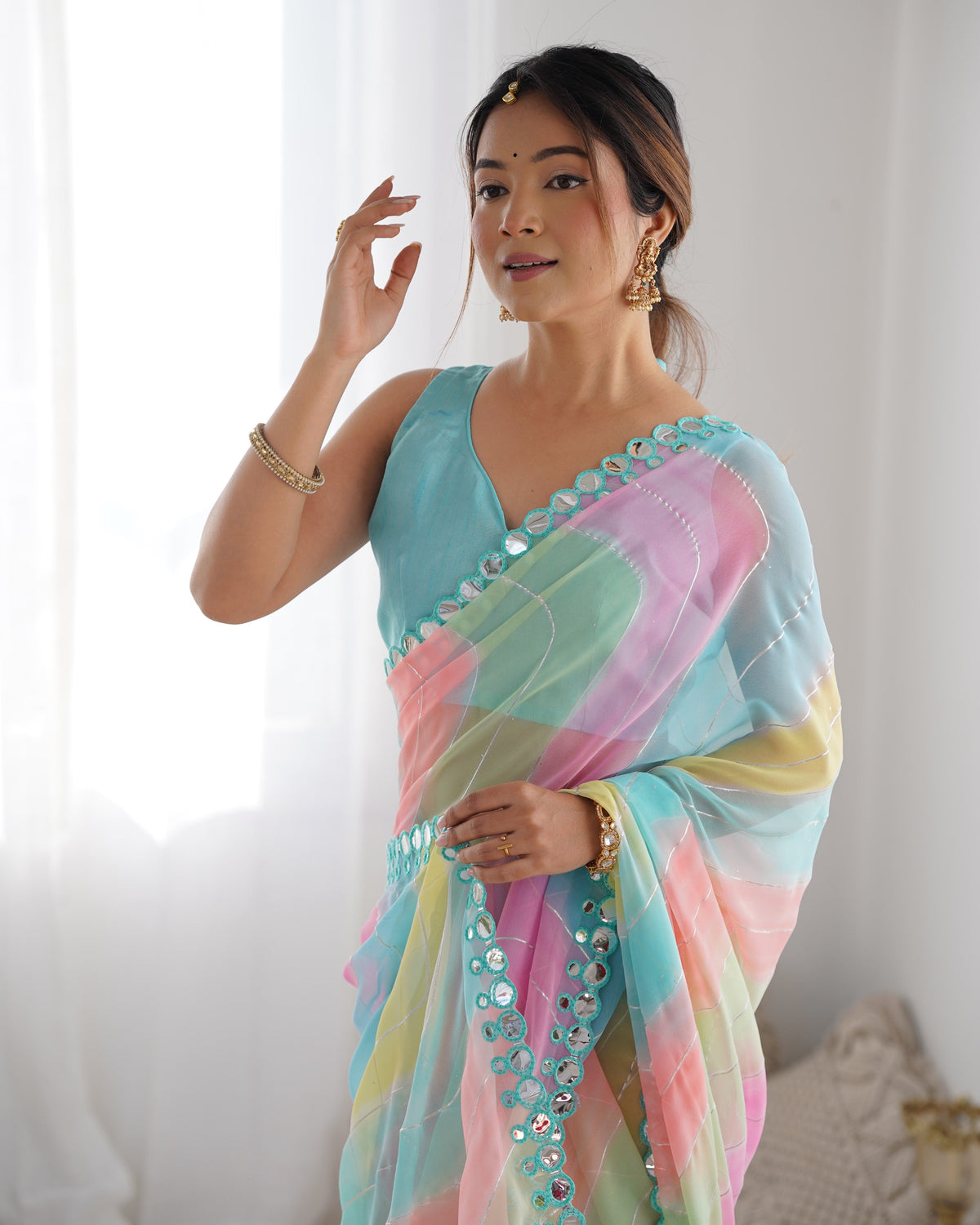Jyoti Fashion Women's Multicolor Georgette Print with Mirror Work Designer Saree with Blouse | Grocsy