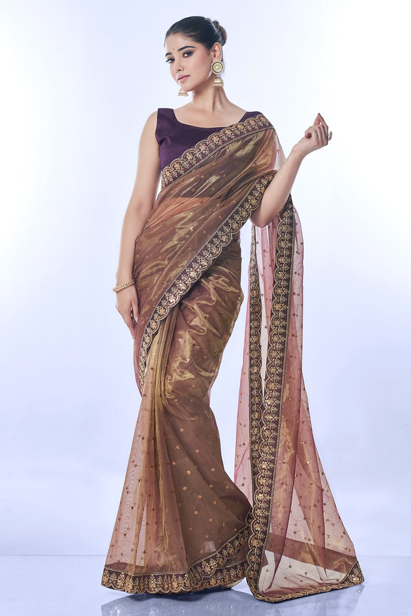 Jyoti Fashion Women's Brown Net Sequins Embroidered Designer Saree with Blouse | Grocsy