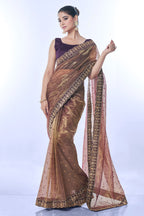 Jyoti Fashion Women's Brown Net Sequins Embroidered Designer Saree with Blouse | Grocsy