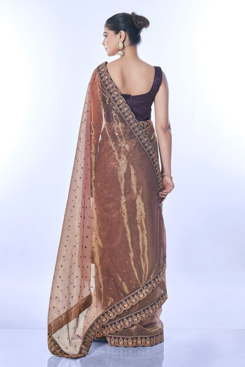 Jyoti Fashion Women's Brown Net Sequins Embroidered Designer Saree with Blouse | Grocsy