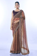 Jyoti Fashion Women's Brown Net Sequins Embroidered Designer Saree with Blouse | Grocsy