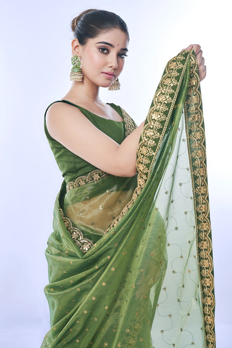 Jyoti Fashion Women's Green Net Sequins Embroidered Designer Saree with Blouse | Grocsy