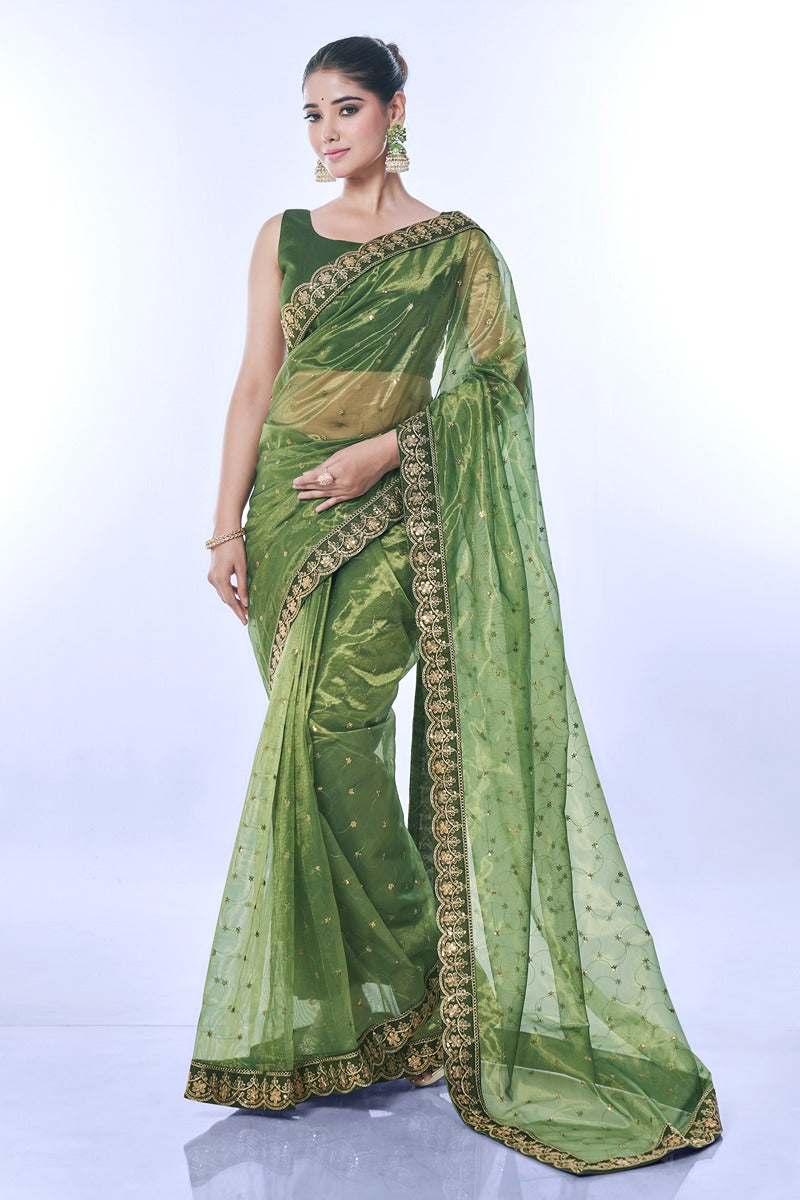 Jyoti Fashion Women's Green Net Sequins Embroidered Designer Saree with Blouse | Grocsy