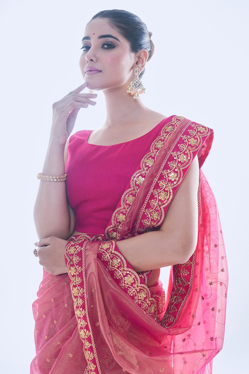 Jyoti Fashion Women's Pink Net Sequins Embroidered Designer Saree with Blouse | Grocsy