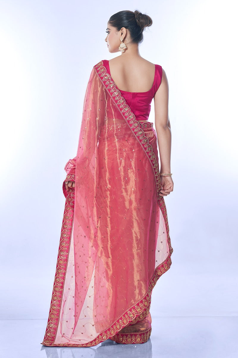 Jyoti Fashion Women's Pink Net Sequins Embroidered Designer Saree with Blouse | Grocsy
