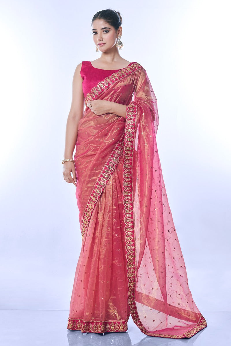 Jyoti Fashion Women's Pink Net Sequins Embroidered Designer Saree with Blouse | Grocsy