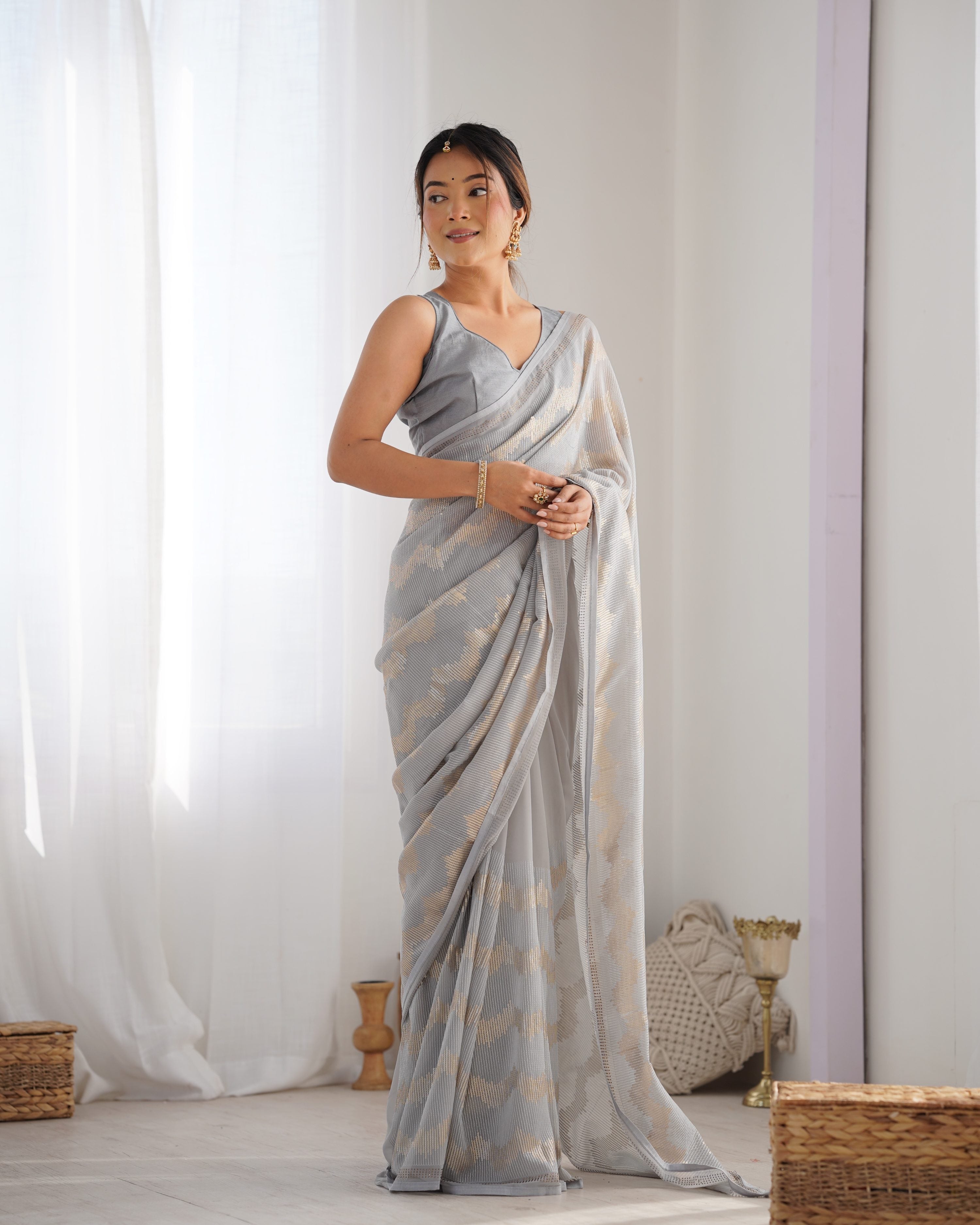 Jyoti Fashion Women's Grey Georgette Sequin Swarovski Designer Saree with Blouse | Grocsy