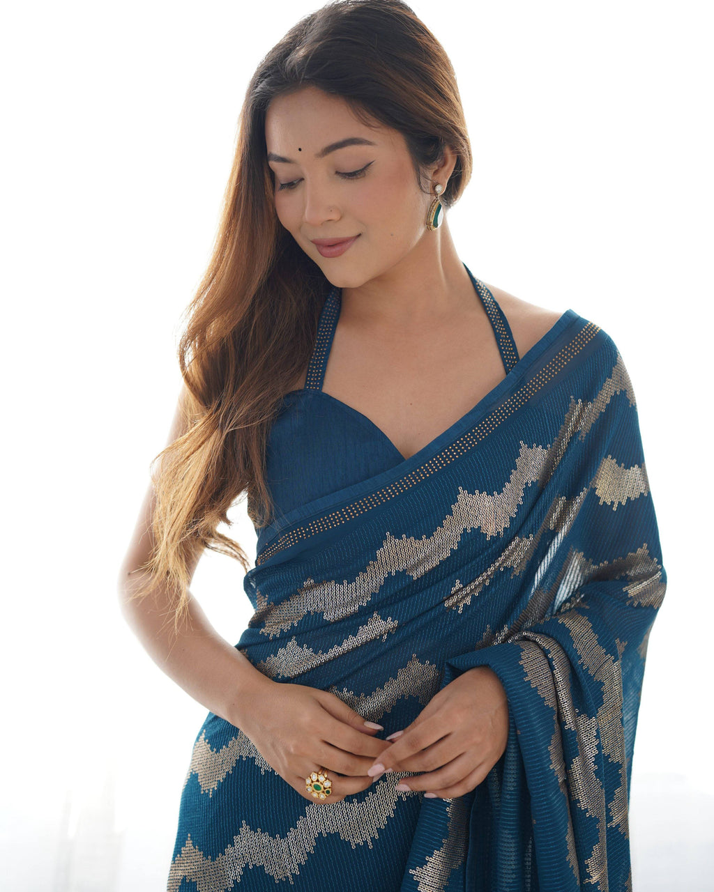 Jyoti Fashion Women's Teal Georgette Sequin Swarovski Designer Saree with Blouse | Grocsy
