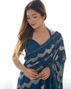 Jyoti Fashion Women's Teal Georgette Sequin Swarovski Designer Saree with Blouse | Grocsy