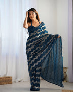 Jyoti Fashion Women's Teal Georgette Sequin Swarovski Designer Saree with Blouse | Grocsy