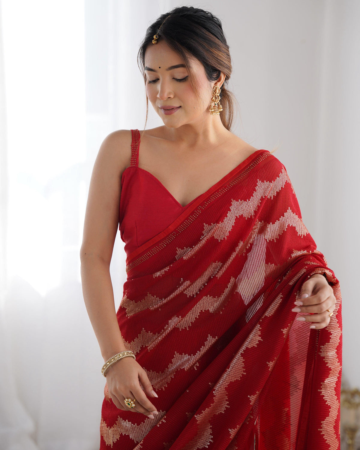 Jyoti Fashion Women's Red Georgette Sequin Swarovski Designer Saree with Blouse | Grocsy