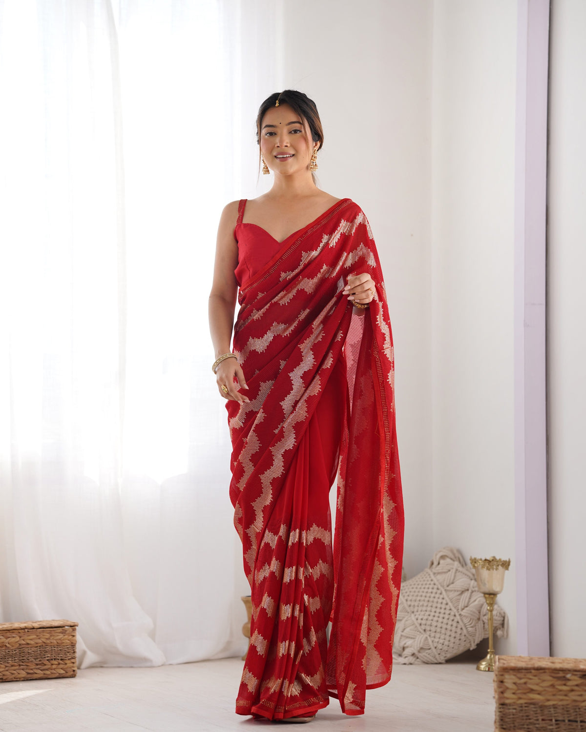 Jyoti Fashion Women's Red Georgette Sequin Swarovski Designer Saree with Blouse | Grocsy