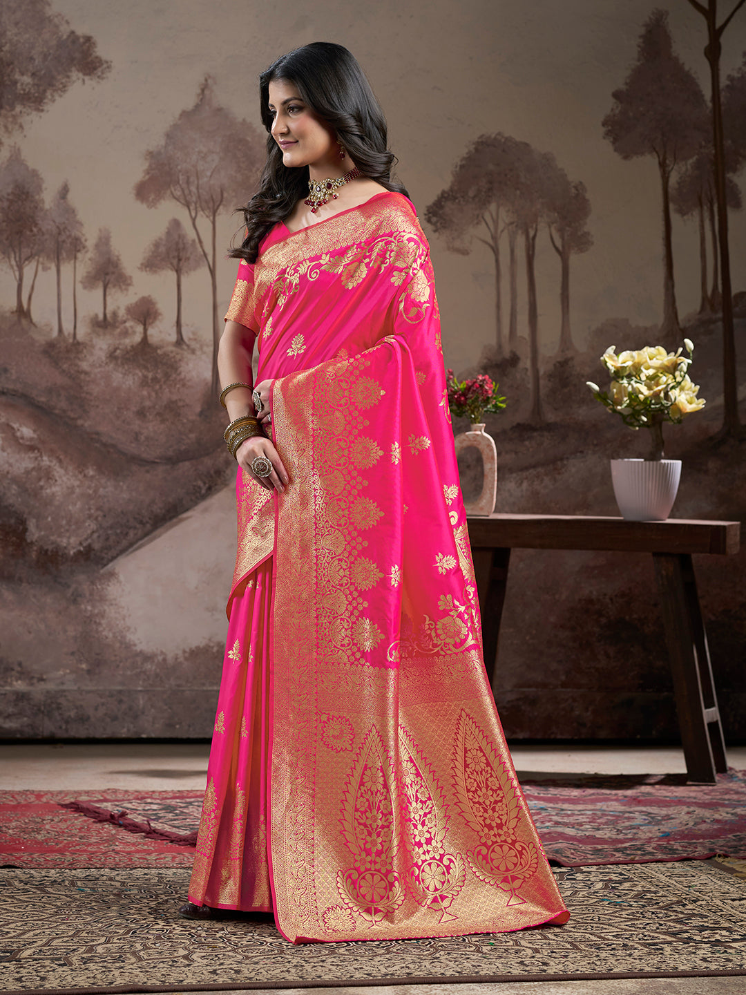 Jyoti Fashion Women's Pink Soft Lichi Silk Jacquard Traditional Saree with Blouse | Grocsy
