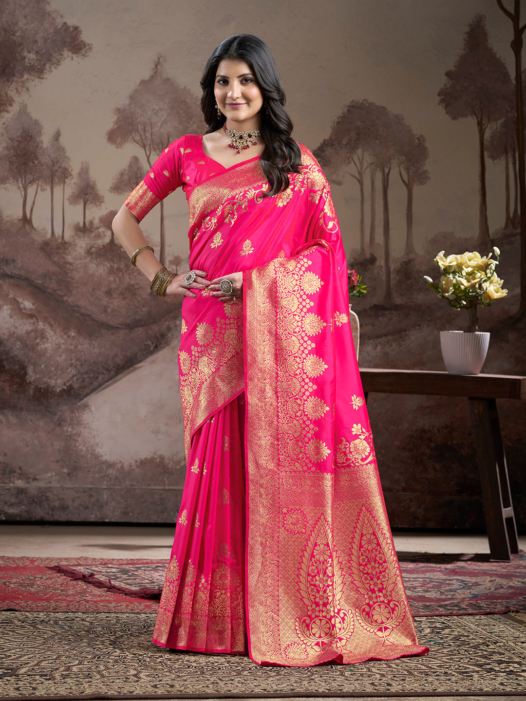 Jyoti Fashion Women's Pink Soft Lichi Silk Jacquard Traditional Saree with Blouse | Grocsy