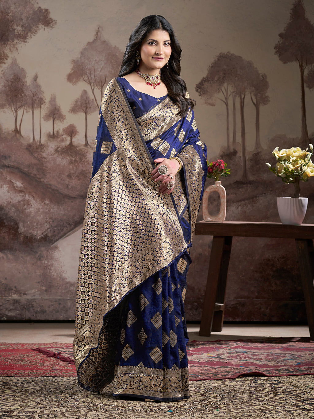 Jyoti Fashion Women's Navy Blue Soft Lichi Silk Jacquard Traditional Saree with Blouse | Grocsy