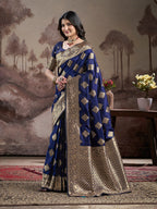Jyoti Fashion Women's Navy Blue Soft Lichi Silk Jacquard Traditional Saree with Blouse | Grocsy