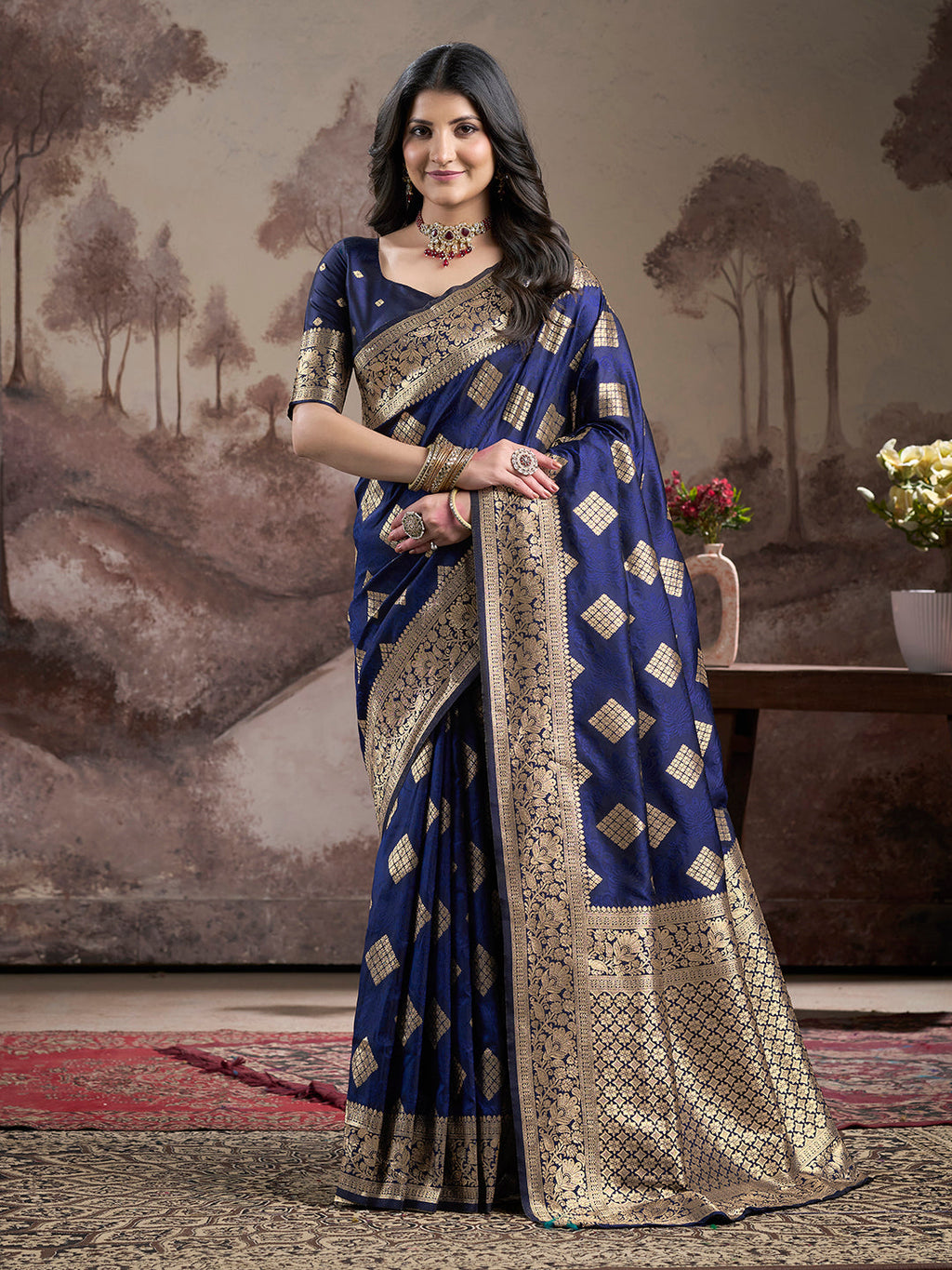 Jyoti Fashion Women's Navy Blue Soft Lichi Silk Jacquard Traditional Saree with Blouse | Grocsy