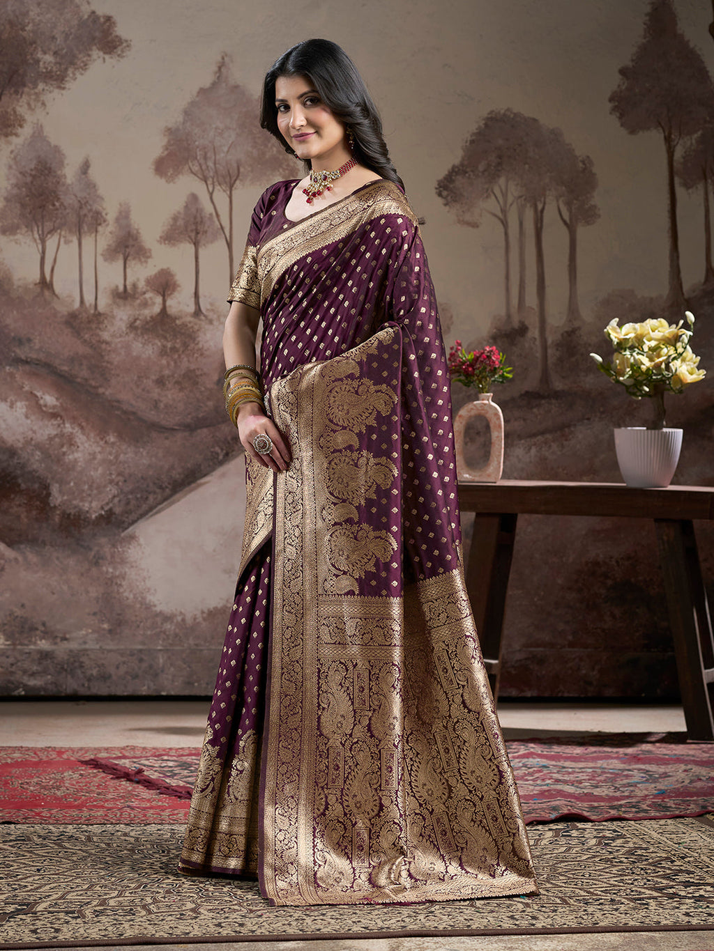 Jyoti Fashion Women's Wine Soft Lichi Silk Jacquard Traditional Saree with Blouse | Grocsy