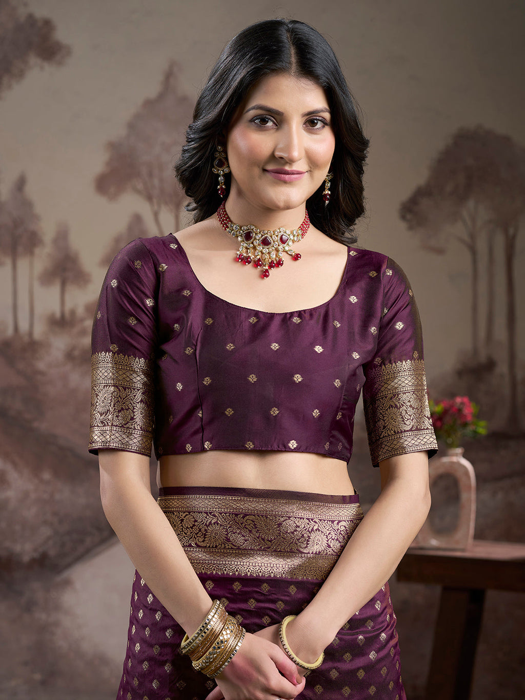 Jyoti Fashion Women's Wine Soft Lichi Silk Jacquard Traditional Saree with Blouse | Grocsy