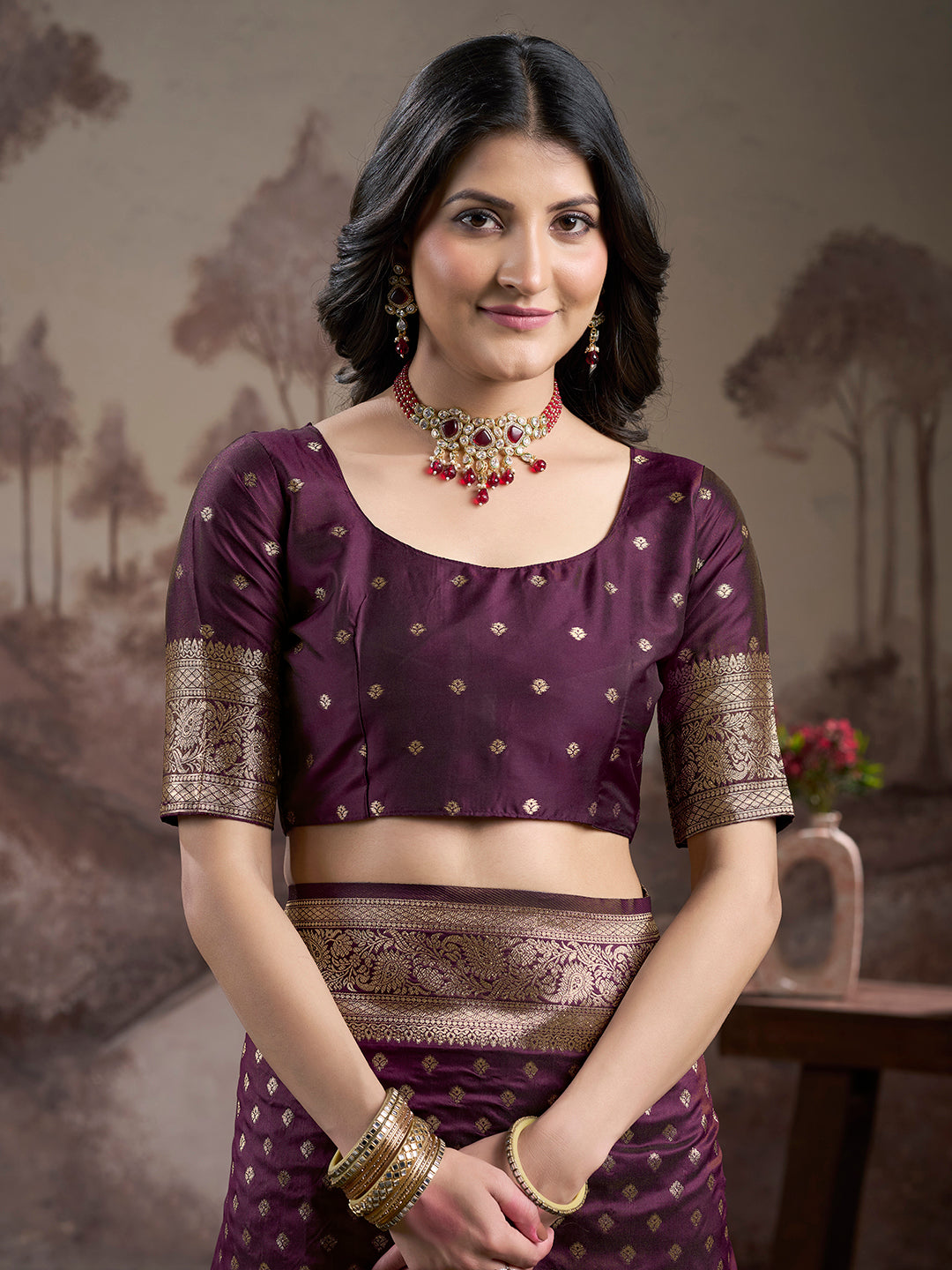 Jyoti Fashion Women's Wine Soft Lichi Silk Jacquard Traditional Saree with Blouse | Grocsy