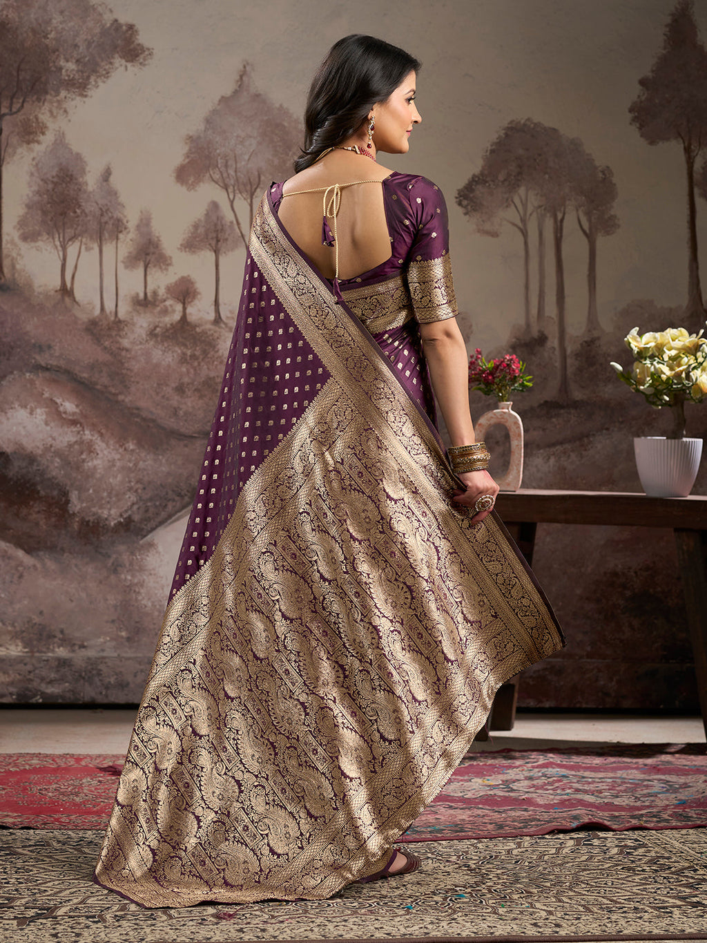 Jyoti Fashion Women's Wine Soft Lichi Silk Jacquard Traditional Saree with Blouse | Grocsy