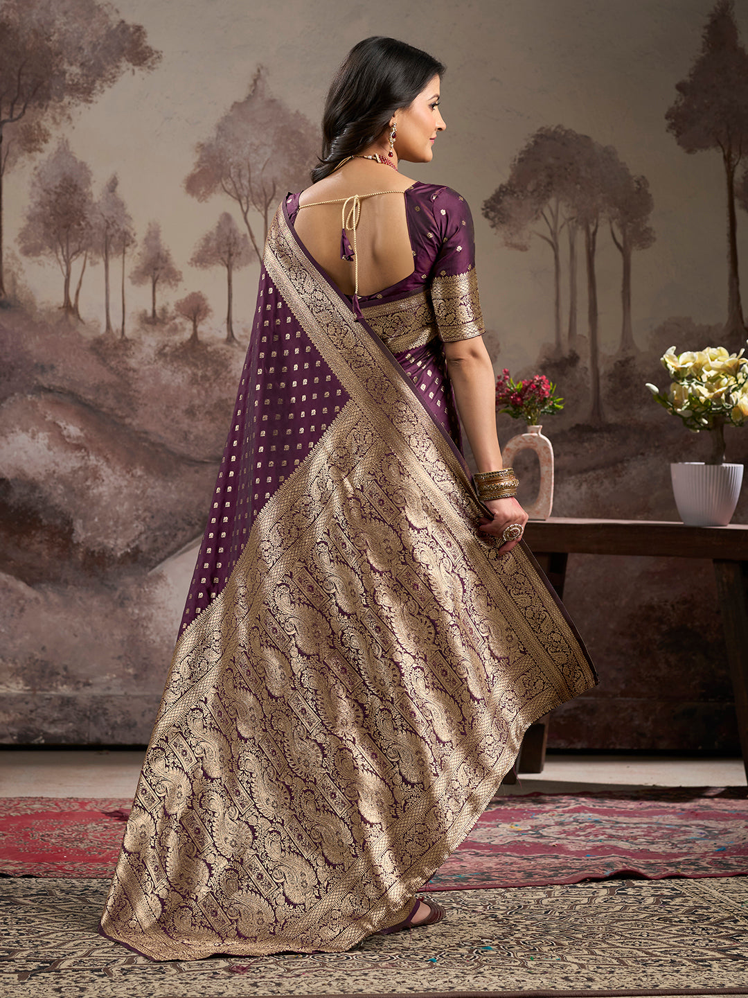 Jyoti Fashion Women's Wine Soft Lichi Silk Jacquard Traditional Saree with Blouse | Grocsy