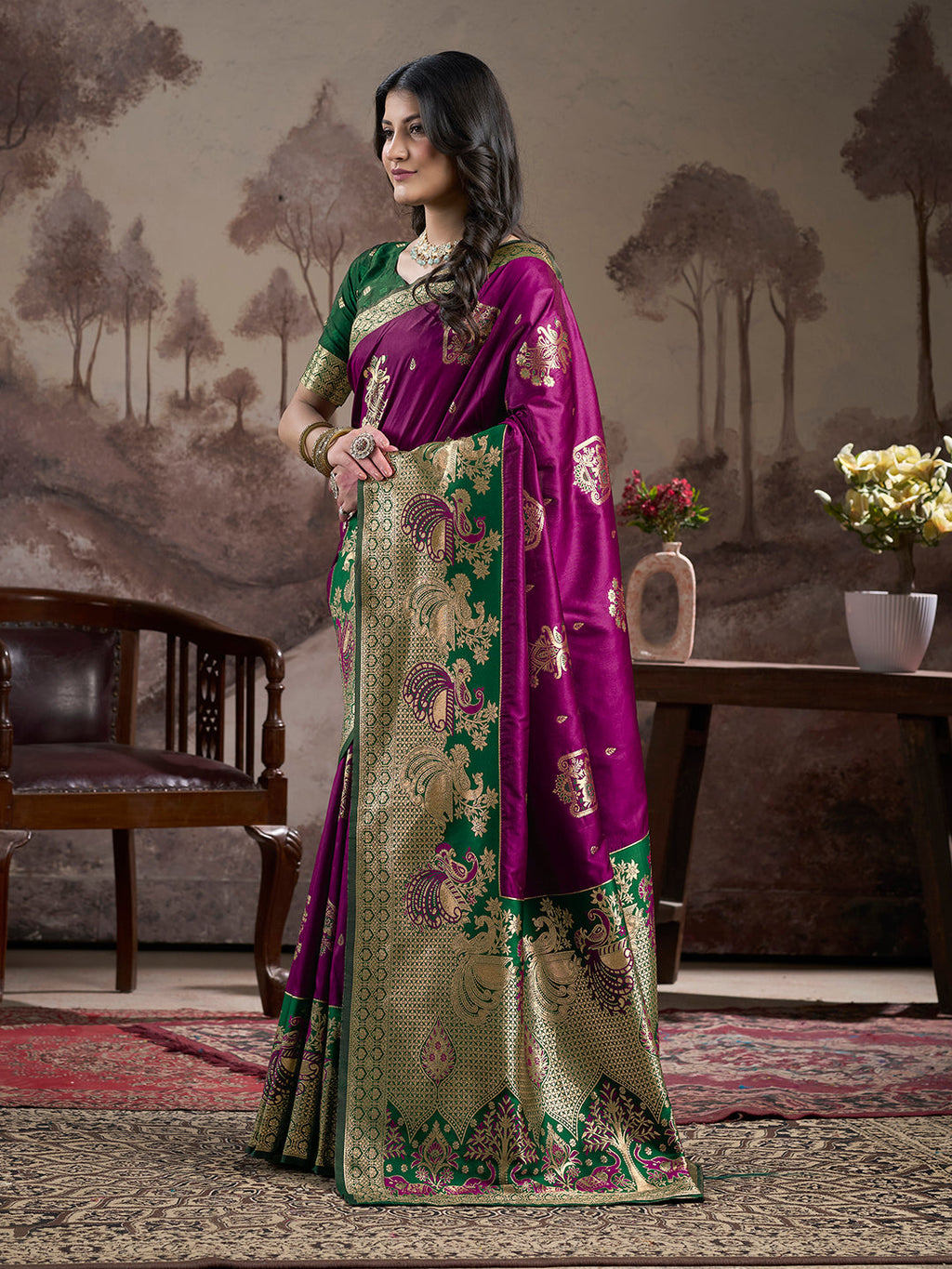 Jyoti Fashion Women's Purple Soft Lichi Silk Jacquard Traditional Saree with Blouse | Grocsy