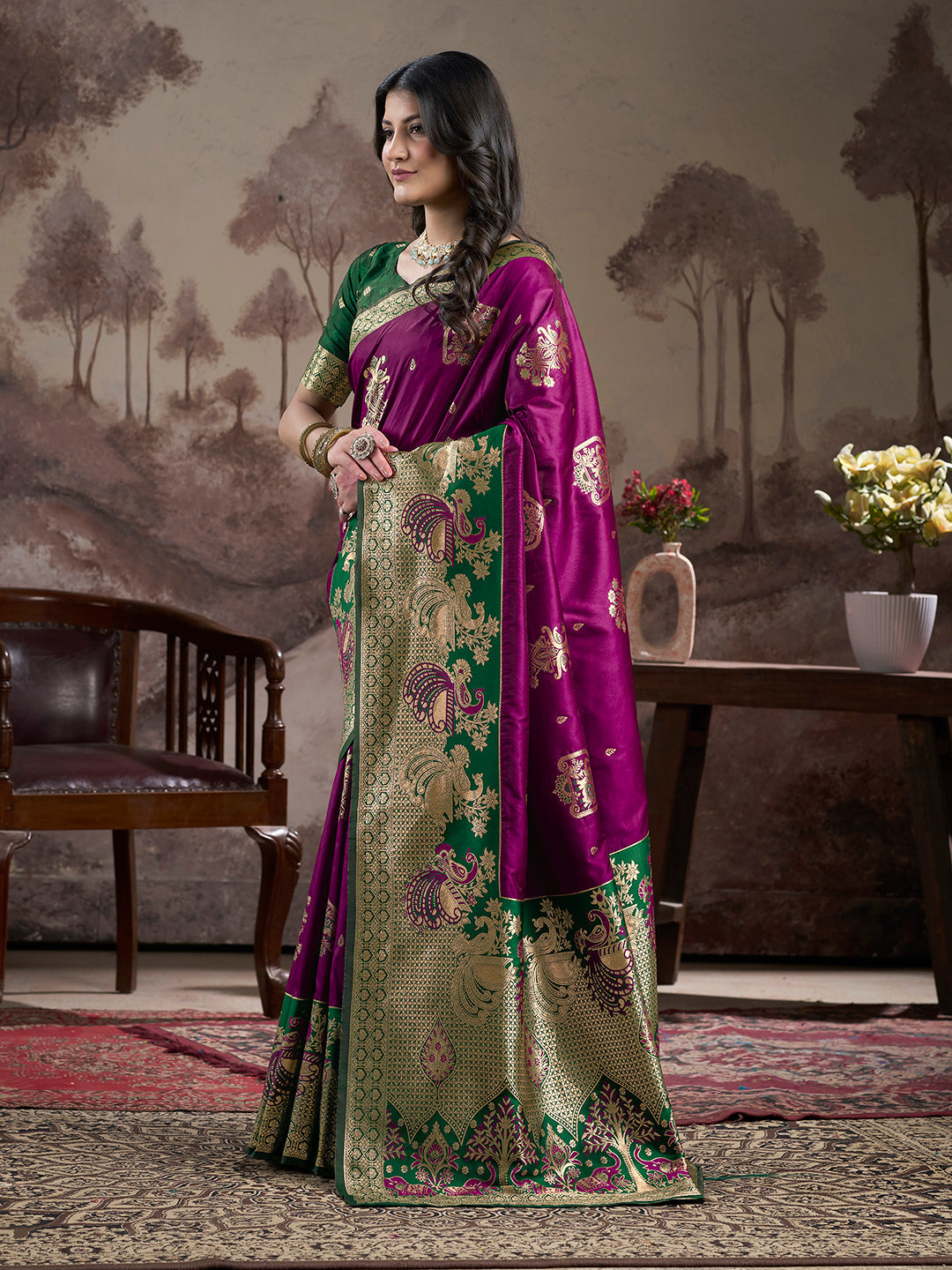 Jyoti Fashion Women's Purple Soft Lichi Silk Jacquard Traditional Saree with Blouse | Grocsy