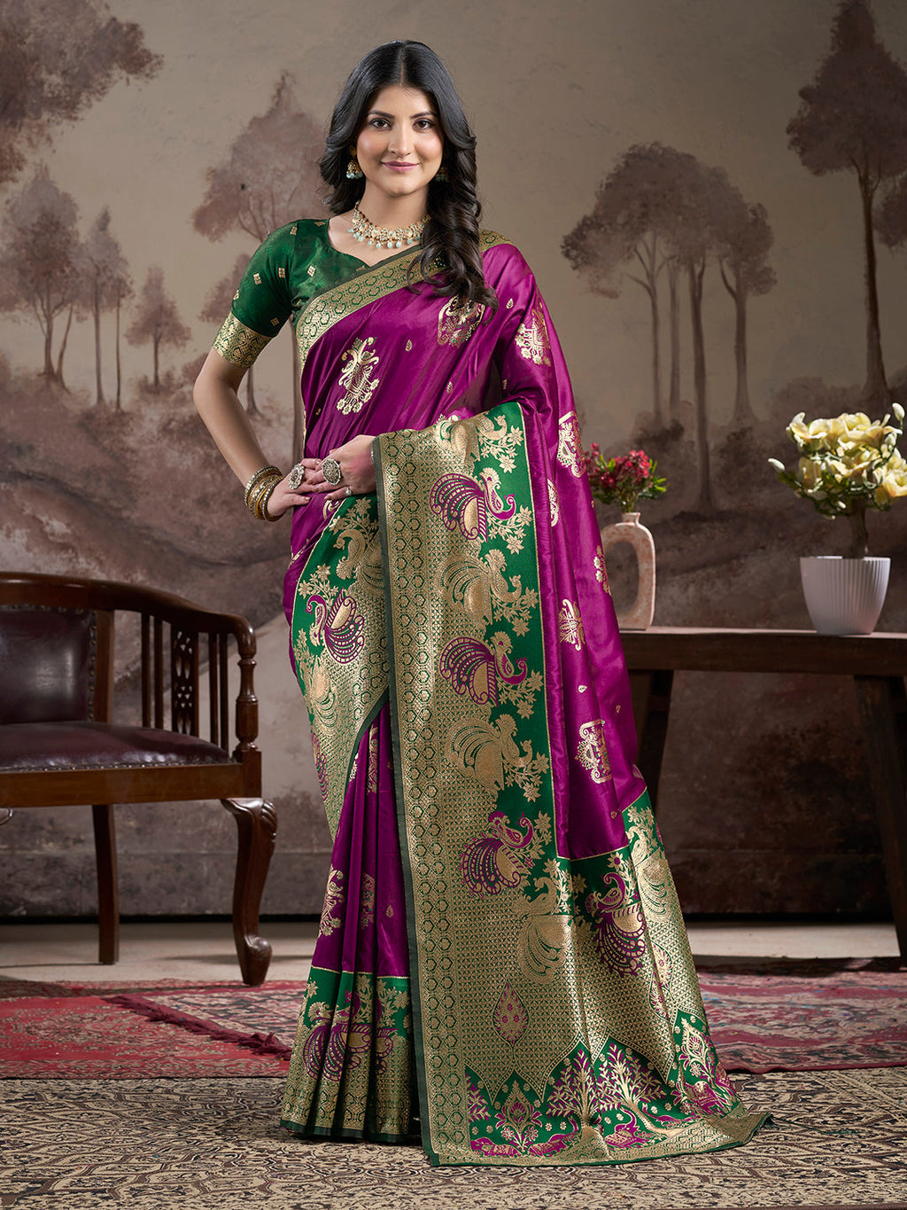 Jyoti Fashion Women's Purple Soft Lichi Silk Jacquard Traditional Saree with Blouse | Grocsy