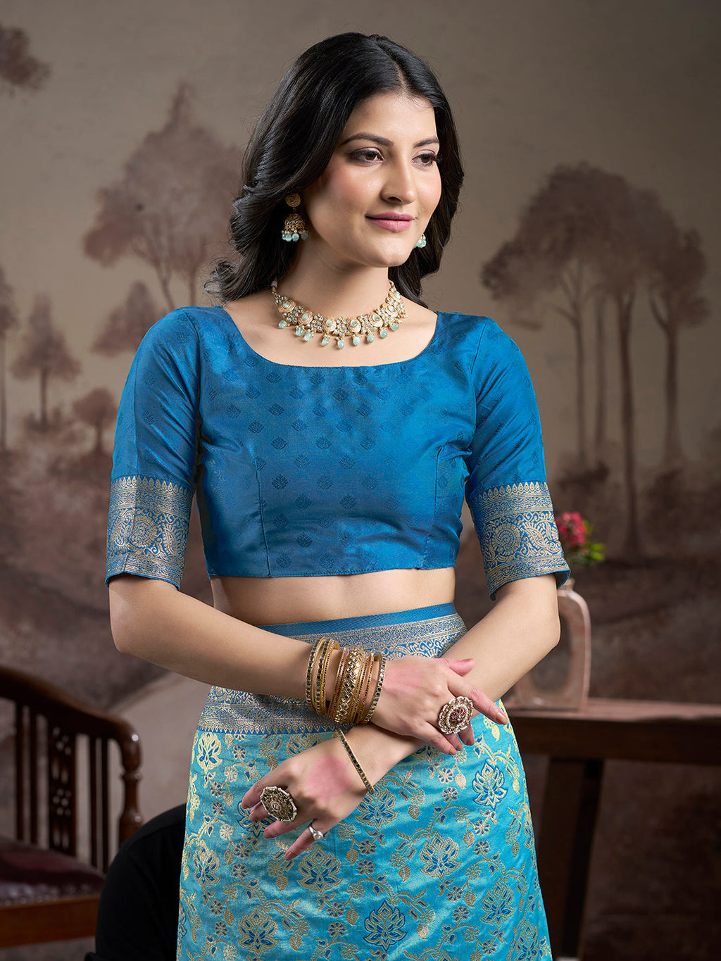 Jyoti Fashion Women's Sky Blue Soft Lichi Silk Jacquard Traditional Saree with Blouse | Grocsy