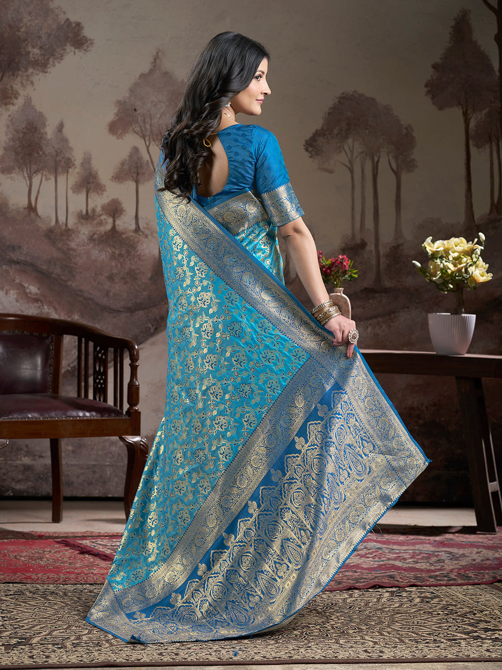 Jyoti Fashion Women's Sky Blue Soft Lichi Silk Jacquard Traditional Saree with Blouse | Grocsy