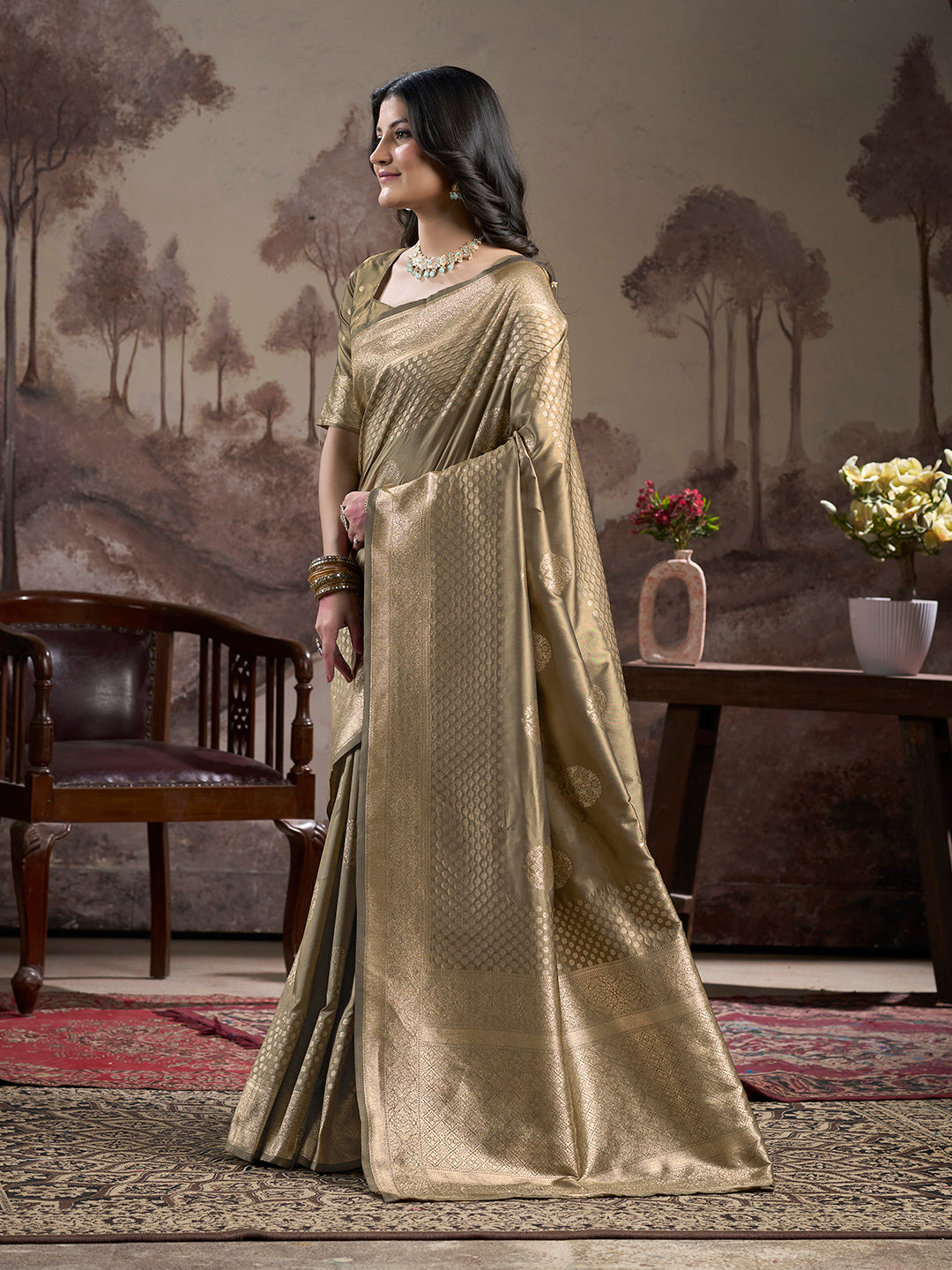 Jyoti Fashion Women's Beige Soft Lichi Silk Jacquard Traditional Saree with Blouse | Grocsy
