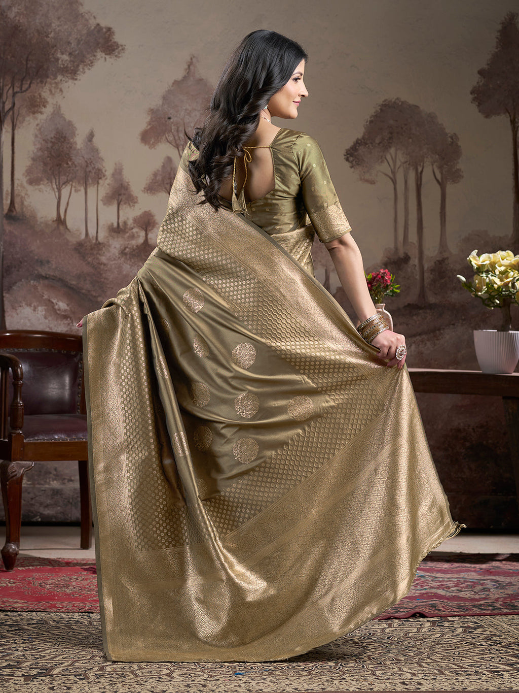 Jyoti Fashion Women's Beige Soft Lichi Silk Jacquard Traditional Saree with Blouse | Grocsy