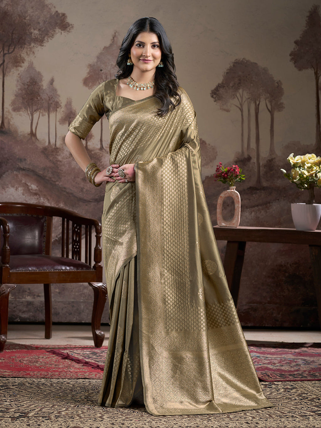 Jyoti Fashion Women's Beige Soft Lichi Silk Jacquard Traditional Saree with Blouse | Grocsy