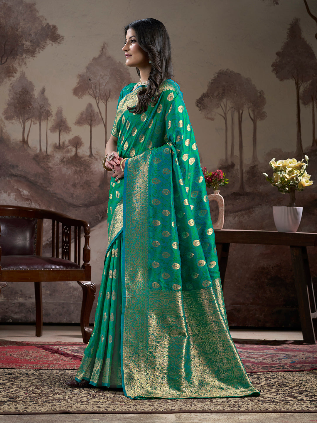 Jyoti Fashion Women's Green Soft Lichi Silk Jacquard Traditional Saree with Blouse | Grocsy