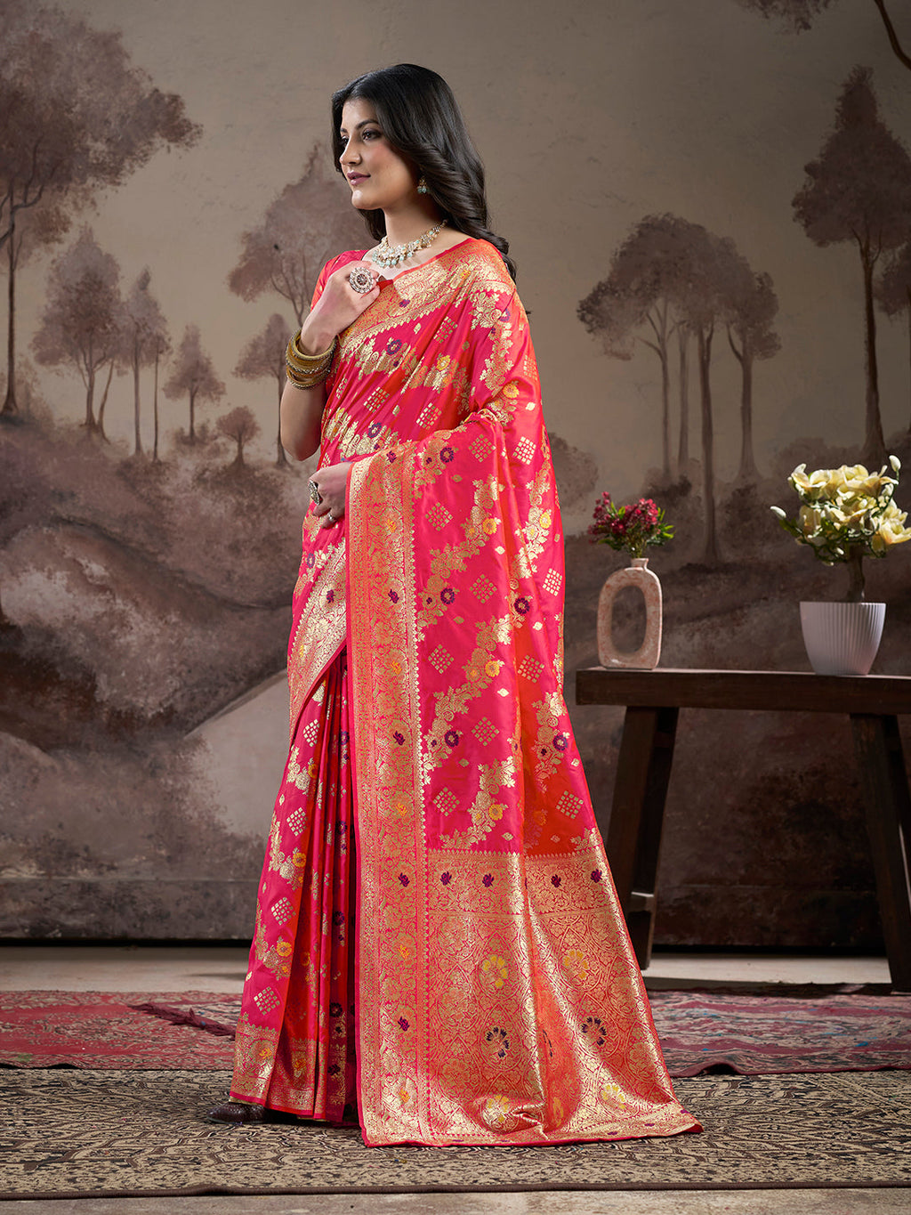 Jyoti Fashion Women's Red Soft Lichi Silk Jacquard Traditional Saree with Blouse | Grocsy